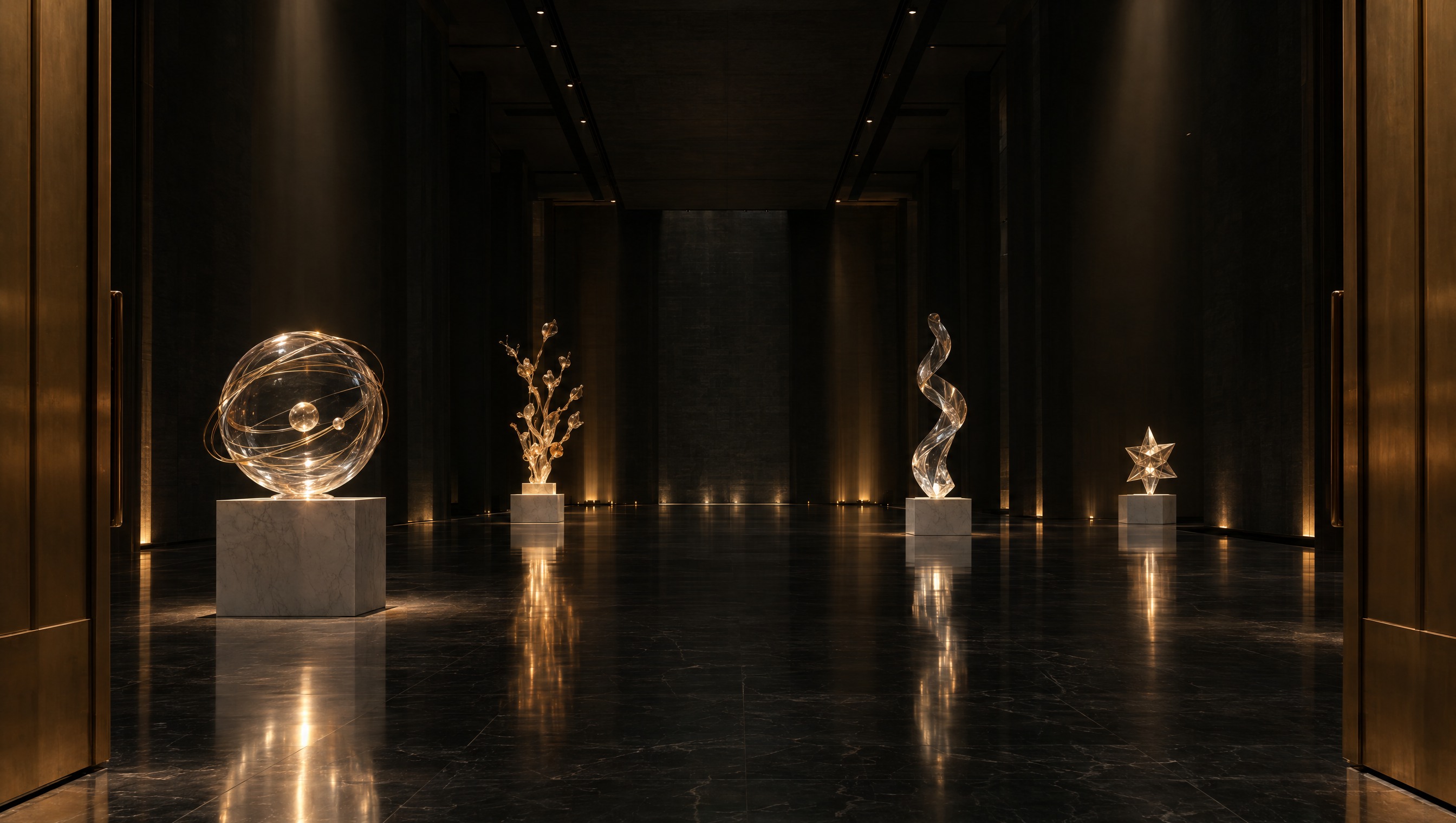 A dark museum hall with glowing glass sculptures on marble plinths