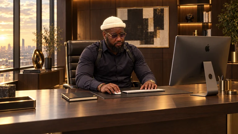 Massayan Sorsor working at his computer in a warm walnut office